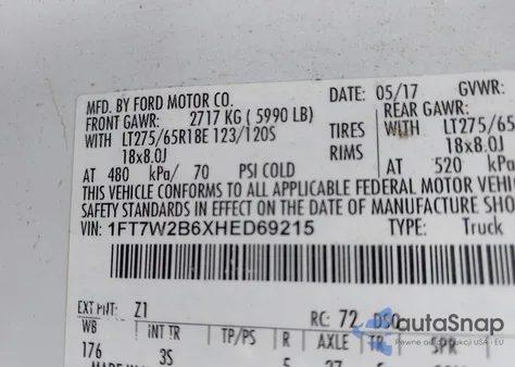 2017 Ford F250 Xlt z USA, uszkodzony, nr VIN 1FT7W2B6XHED69215